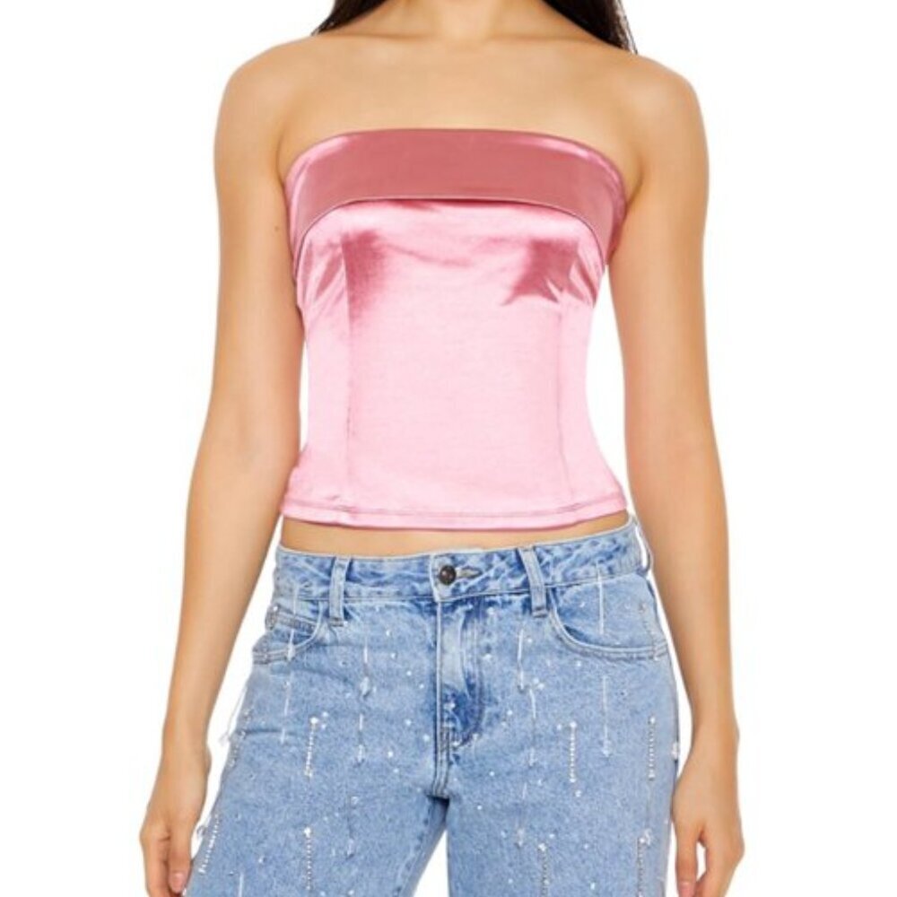 Forever 21 Women’s Satin Foldover Tube Crop Top Pink Azalea Size M NWT